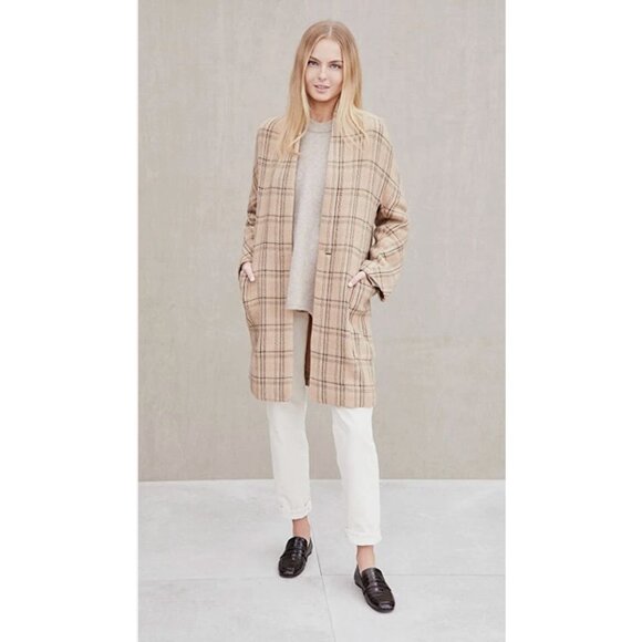 Vince Collarless Overcoat Camel Plaid Wool Blend Jacket Size Medium - Picture 1 of 10